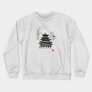 Japanese temple and trees landscape ink painting Crewneck Sweatshirt